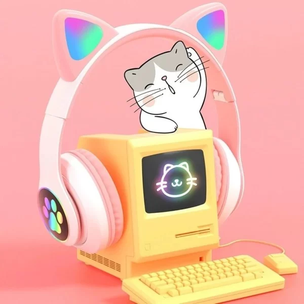 Fone de Ouvido Bluetooth Gamer Orelhas de Gato com Led Headphone
