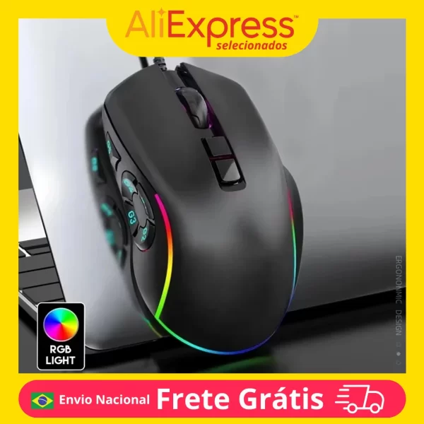 Mouse Gamer 7200DPI 10 Botões Macro LED RGB Com Fio Alta Precisão Ergonômico Ajustável Para Jogos PC Notebook