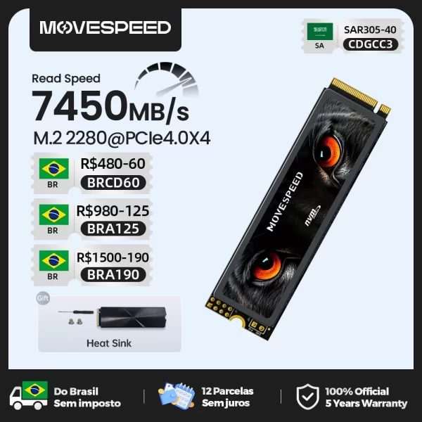 Movespeed 7450 mb/s ssd nvme m.2 2280 4tb 2tb 1tb disco rígido de estado sólido interno m2 pcie 4.0x4 2280 ssd unidade para ps5 computador portátil