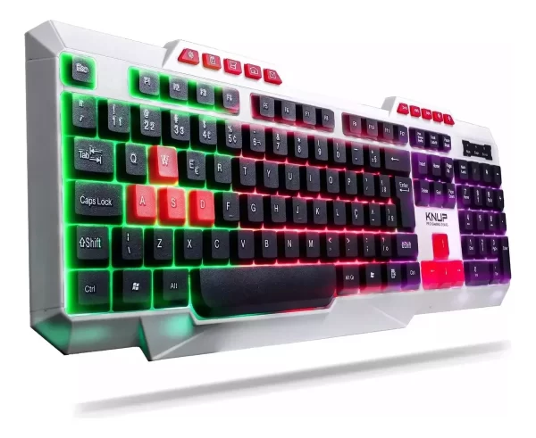 Teclado Gamer Knup Kp Te120 Rgb Led Abnt2 Branco Iluminação Teclas Português Brasil Alta Performance Resistente