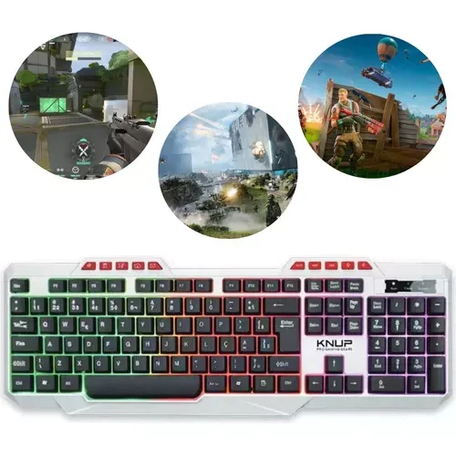 Teclado Gamer Knup Kp Te120 Rgb Led Abnt2 Branco Iluminação Teclas Português Brasil Alta Performance Resistente