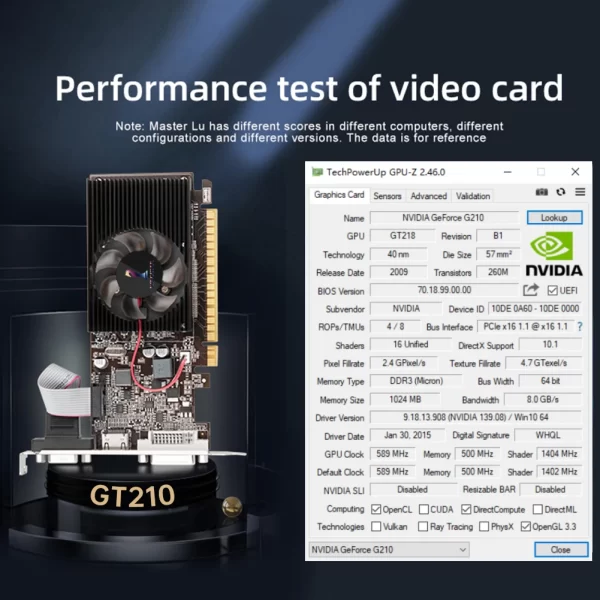Placa de vídeo GT210 1GB PCIE X16 2.0 Placa gráfica NVIDIA GeForce GT 210 DDR3 VGA HD DVI Computador desktop com GPU GT210 64Bit 1800MHz