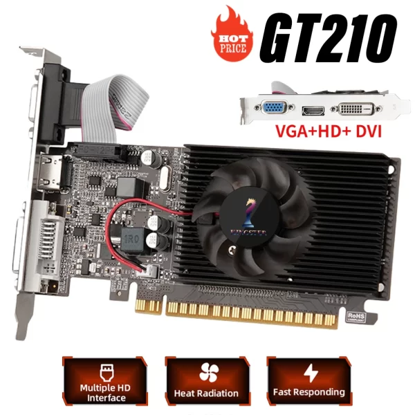 Placa de vídeo GT210 1GB PCIE X16 2.0 Placa gráfica NVIDIA GeForce GT 210 DDR3 VGA HD DVI Computador desktop com GPU GT210 64Bit 1800MHz
